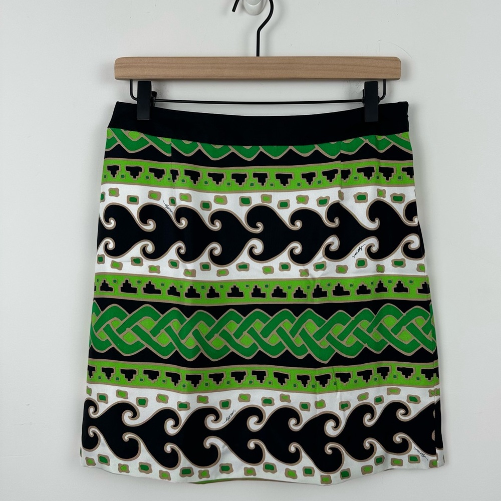 Milly 100% Silk Green Black Geometric Side Zip Mini Skirt, 6 bronze cream celtic